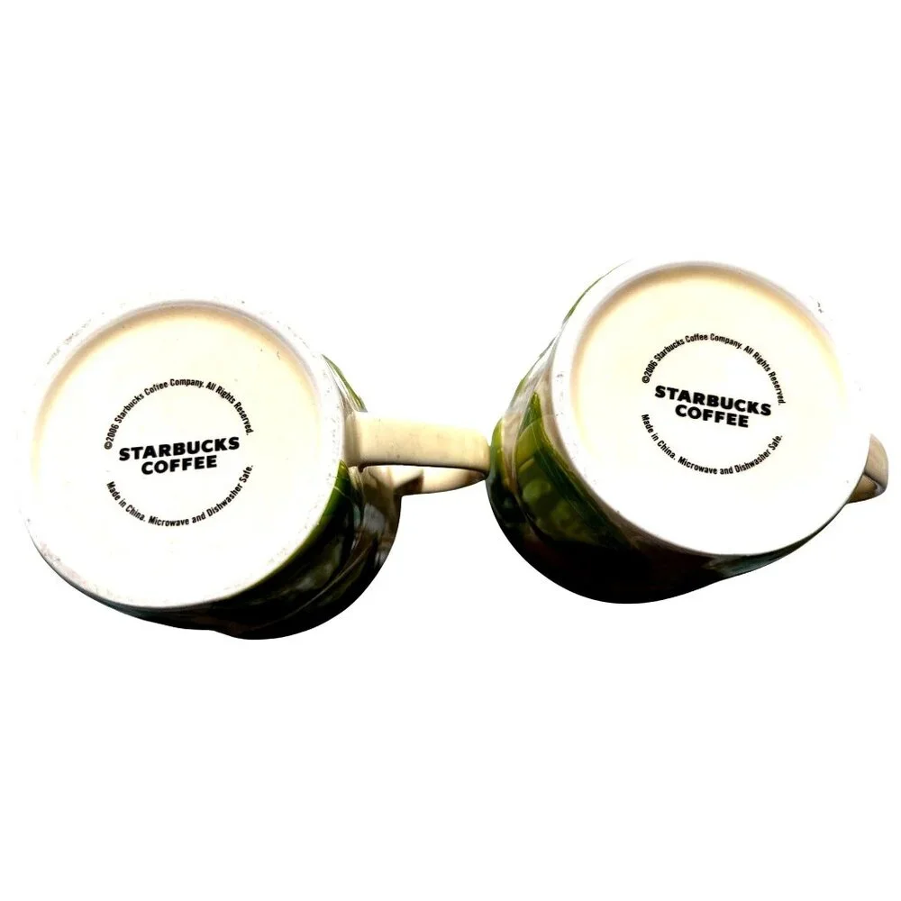 Starbucks Vintage 2006 Green Pear Daisy Ceramic Cup Set Pair Cottage Kitchen Bar - Picture 6 of 7